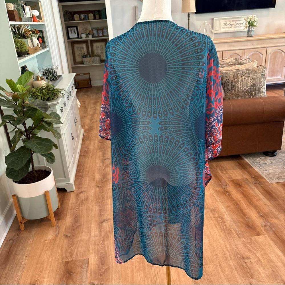 Women's Large Sheer Long Kimono Teal Blue Orange Boho Overlay Casual Flowy Top - Picture 7 of 7